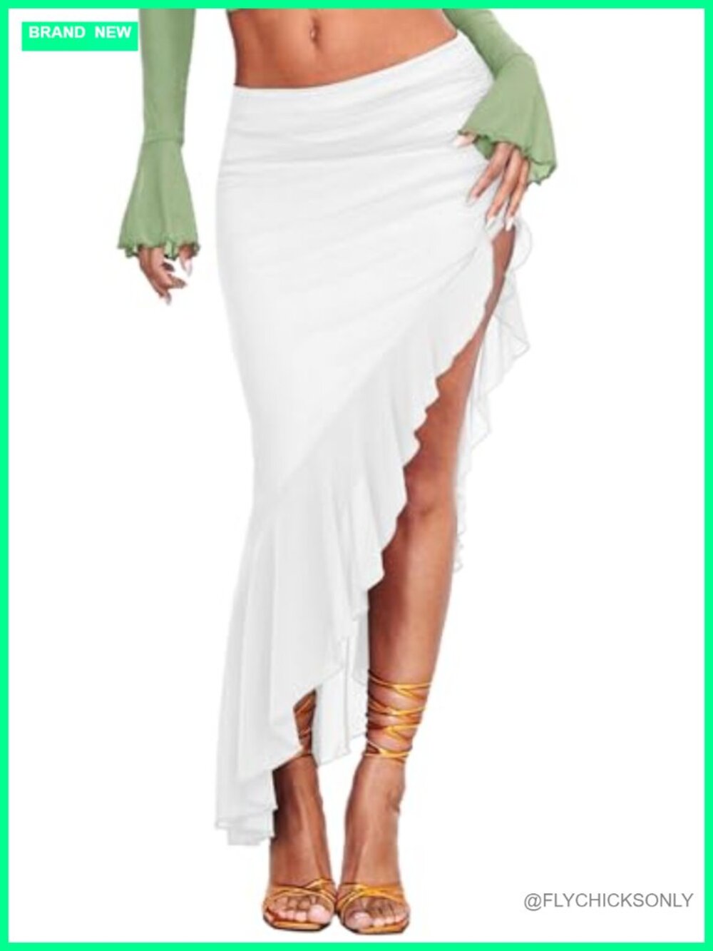 High Waisted Asymmetrical Ruched Mesh Ruffle Trim Midi Skirt